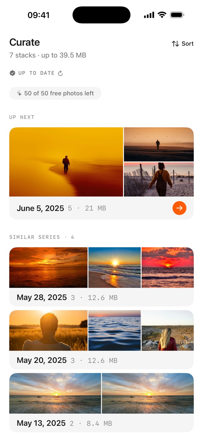 The queue: stacks of similar photos, newest first.