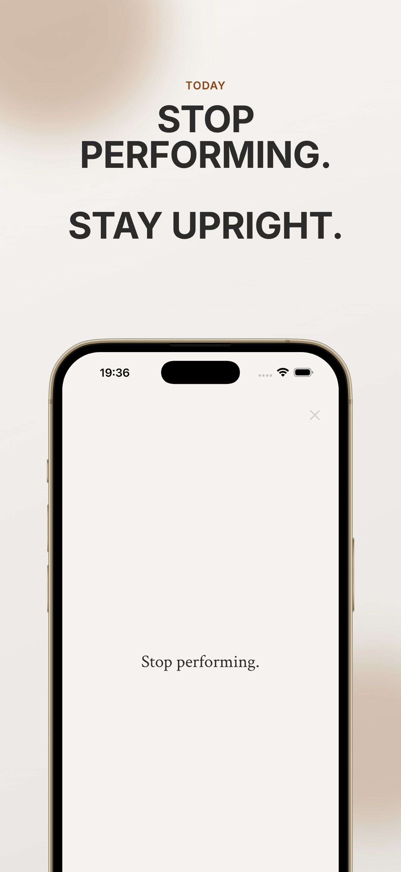 A nearly empty screen holding a single line: Stop performing.