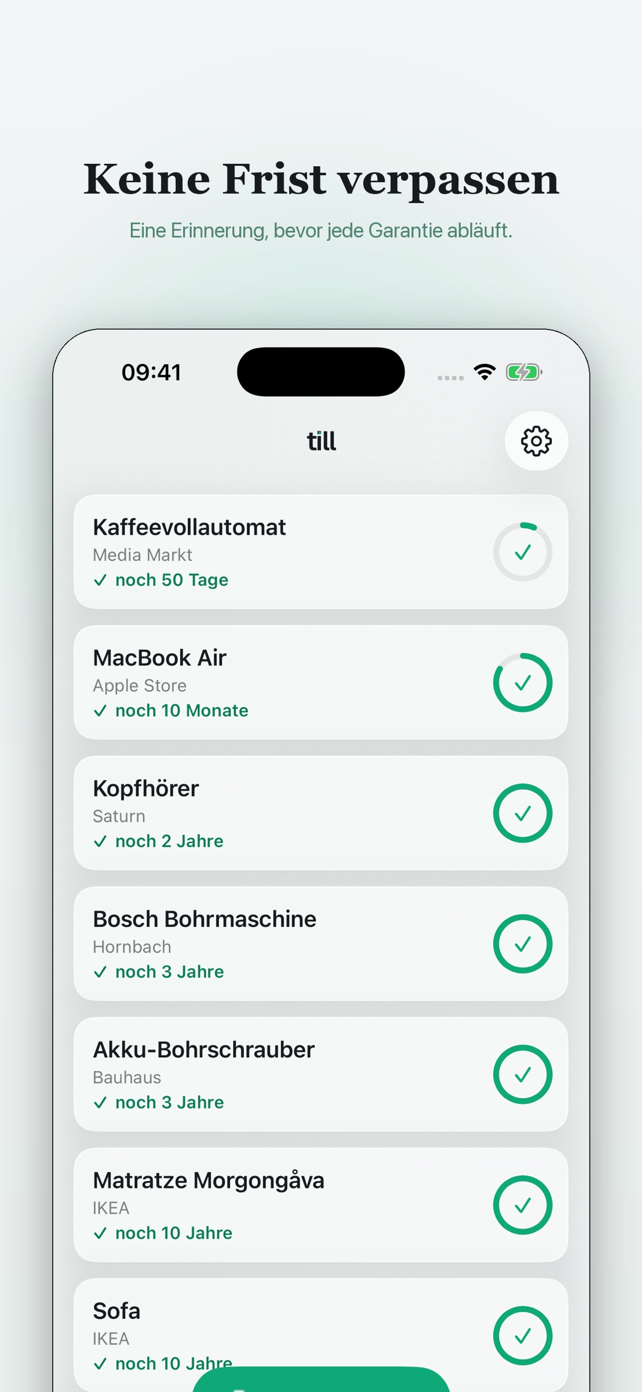 Die Übersicht: Kaffeevollautomat mit noch 50 Tagen, darunter MacBook, Kopfhörer, Bohrmaschine und Matratze mit ihren Restlaufzeiten.