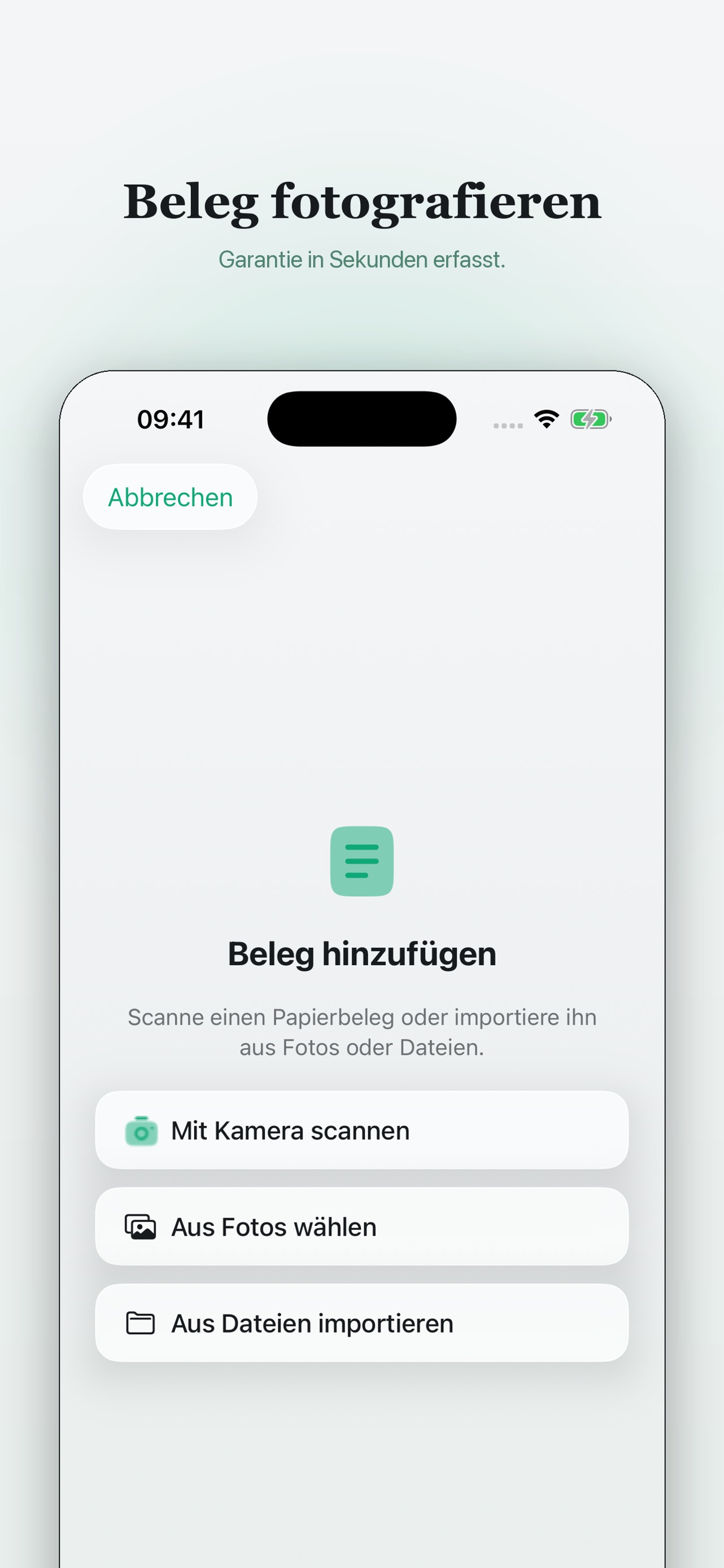 Beleg hinzufügen: mit der Kamera scannen, aus Fotos wählen oder aus Dateien importieren.