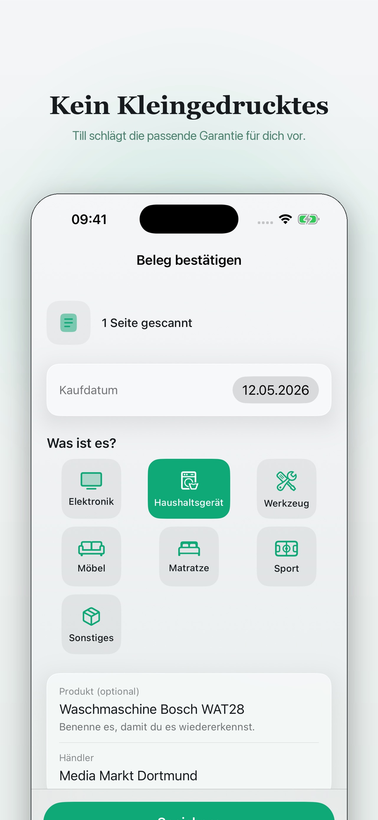 Beleg bestätigen: erkanntes Kaufdatum, Kategorie-Auswahl und ausgelesener Produktname samt Händler.