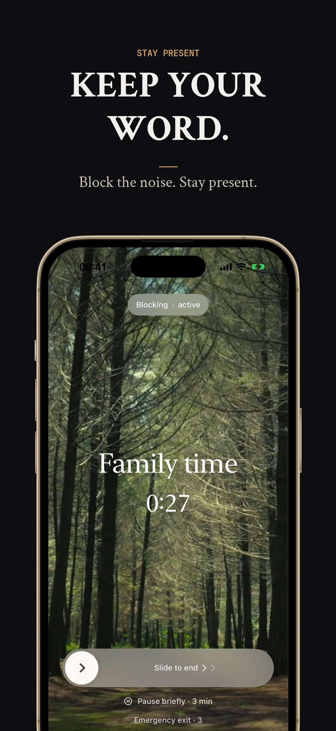 Family time running in a forest world, with a slide to end control and a limited emergency exit.