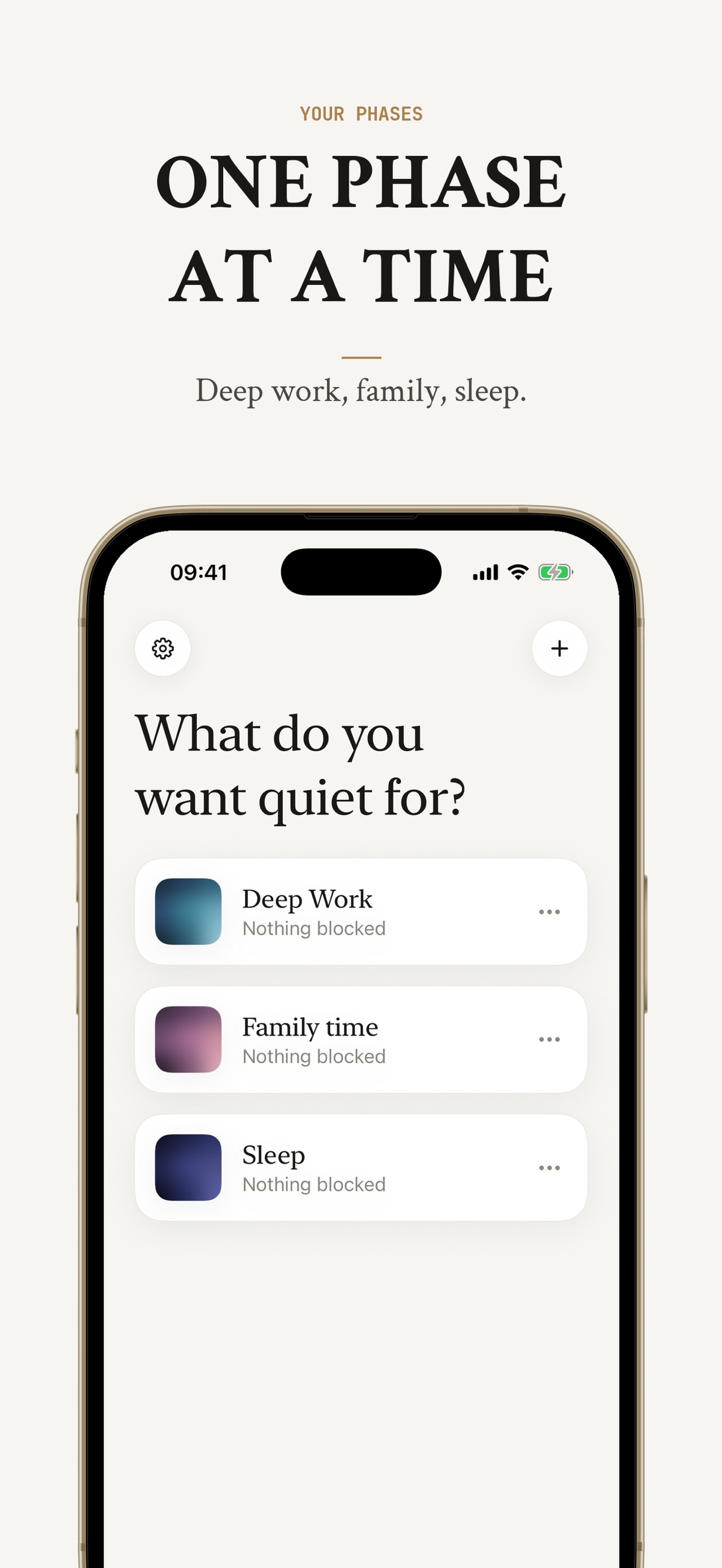 Choosing a phase: deep work, family time or sleep, each with its own blocking rules.