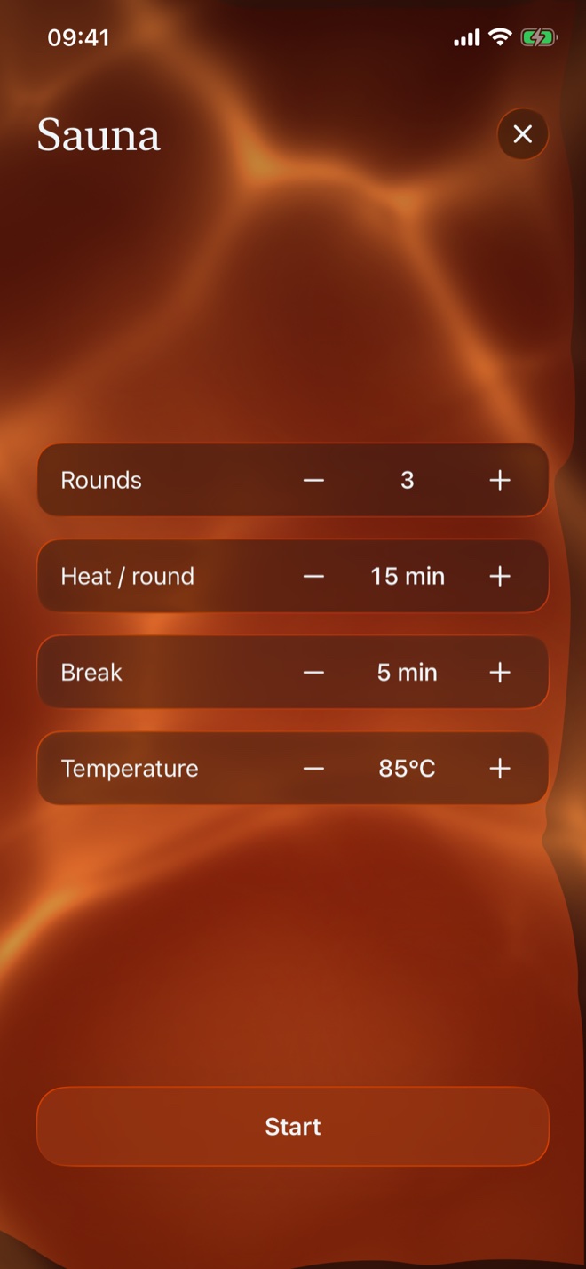 Setting up a sauna session: three rounds, fifteen minutes each, five minute breaks, 85 degrees.