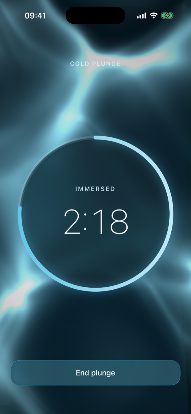 A cold plunge in progress, counting up: two minutes eighteen immersed.