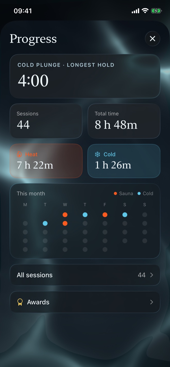 Progress: longest hold four minutes, 44 sessions, heat and cold time split, and a month of sessions as dots.