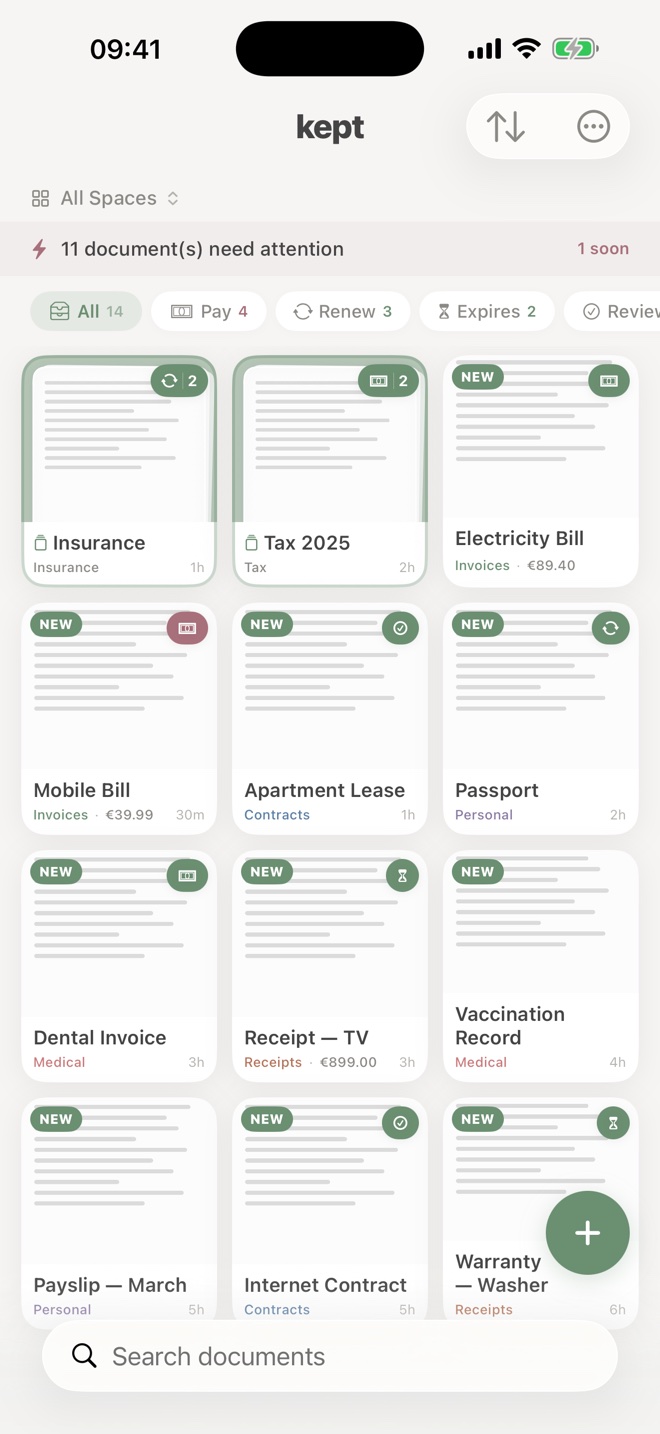The library: every document as a card, with a banner showing how many need attention.