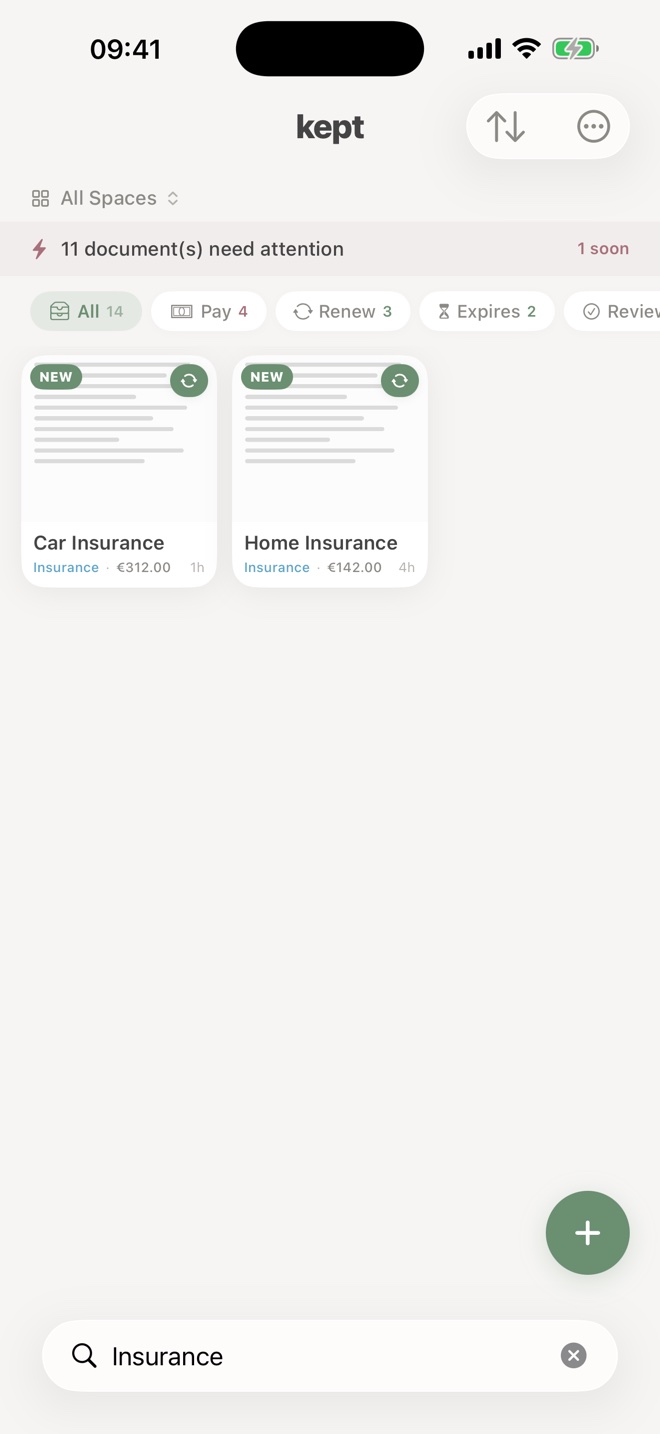 Searching for "insurance" surfaces the car and home policies with their amounts.
